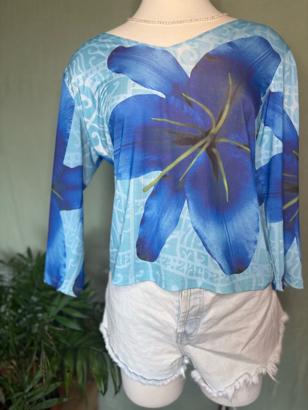 Blue Floral Quarter-Sleeve Top